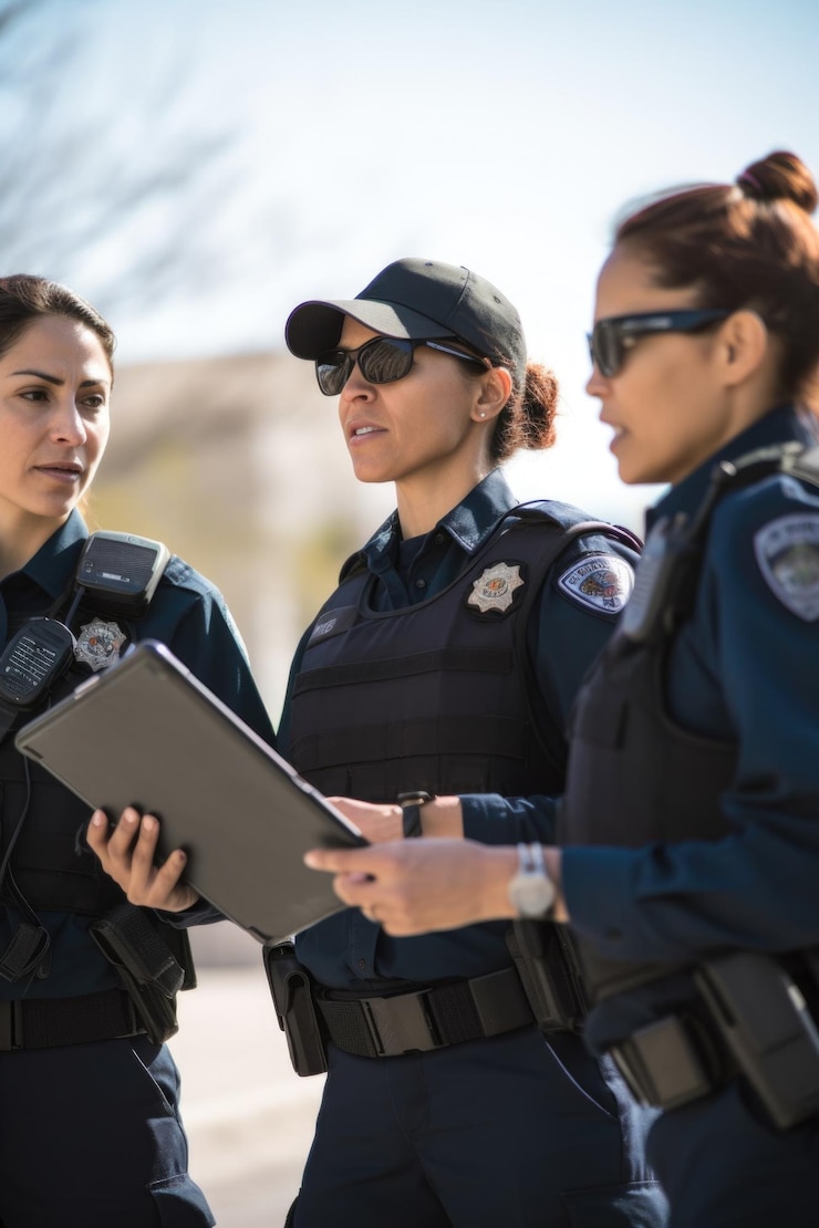 Fotografía de una policía mostrando a dos personas una tableta digital