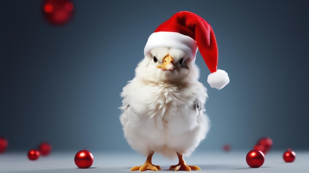 una fotografía de un pollo lindo usando el disfraz y el sombrero de Santa Claus para la celebración de Navidad