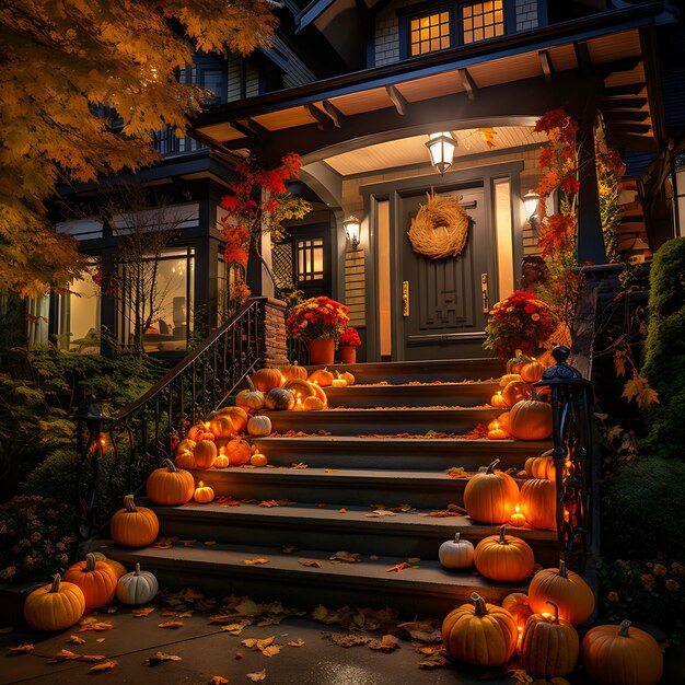fotografía en el porche delantero de una casa de artesanos en Halloween por la noche