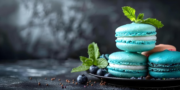 Foto fotografía de postres de macarrones franceses coloridos concepto fotografía de alimentos exhibición de postres gourmet pasteles presentación artística dulces y golosinas