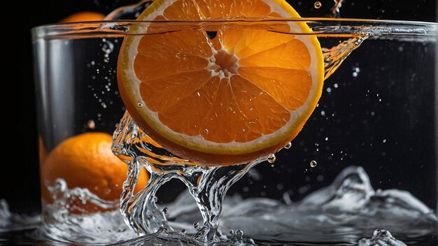 Foto fotografía premium de frutas de naranja maduras salpicando con agua fresca plantilla de publicidad de fondo