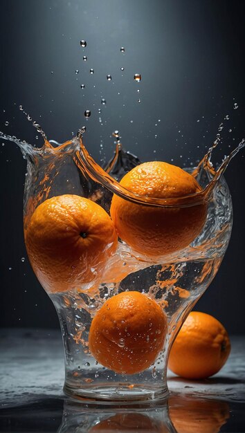 Fotografía premium de frutas de naranja maduras salpicando con agua fresca plantilla de publicidad de fondo