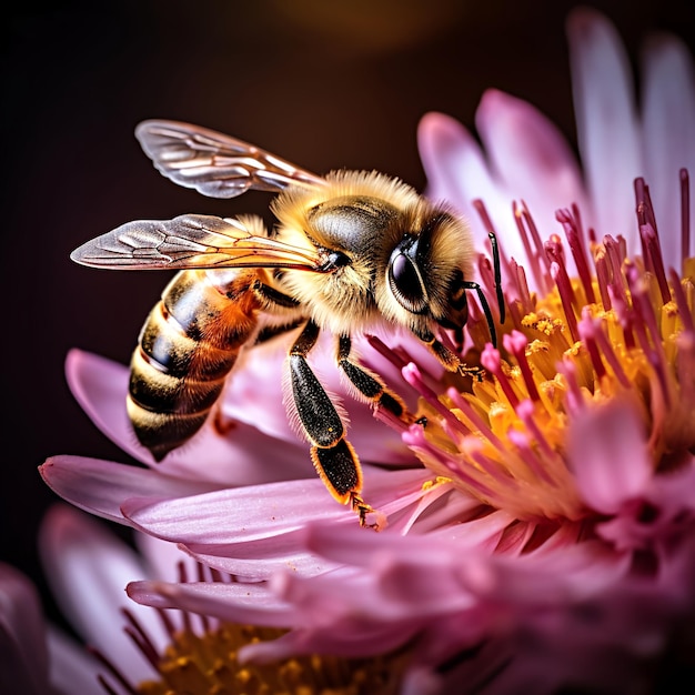 Fotografía en primer plano de una abeja recogiendo néctar de una flor que muestra la importancia de los polinizadores y