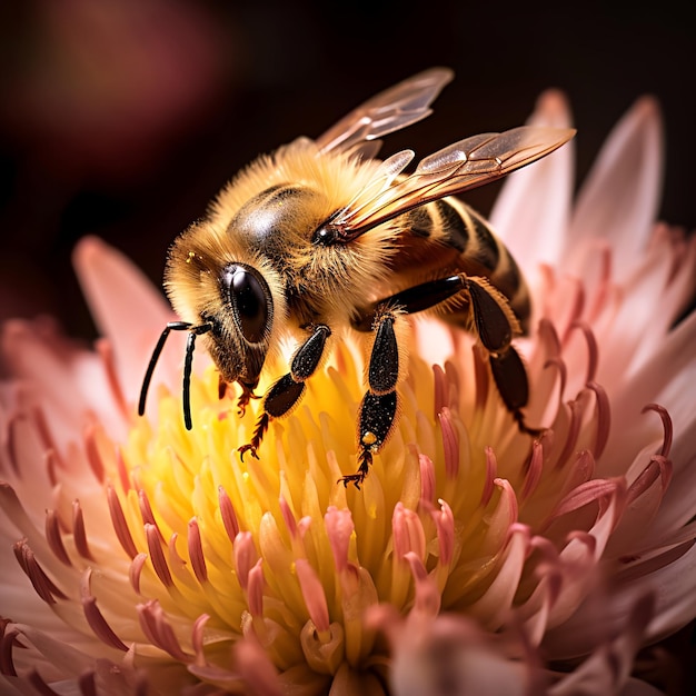 Fotografía en primer plano de una abeja recogiendo néctar de una flor que muestra la importancia de los polinizadores y