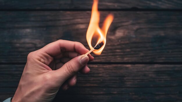 Foto fotografía de primer plano en ángulo alto de una persona sosteniendo un fósforo en llamas sobre una superficie de madera