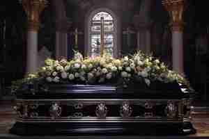 Foto fotografía en primer plano de un ataúd en un carro fúnebre o capilla antes del funeral o el entierro en el cementerio