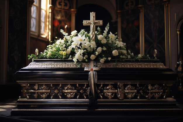 Foto fotografía en primer plano de un ataúd en un carro fúnebre o capilla antes del funeral o el entierro en el cementerio