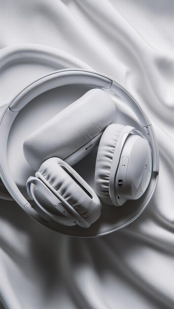 Fotografía en primer plano de auriculares inalámbricos blancos con su estuche sobre un fondo blanco