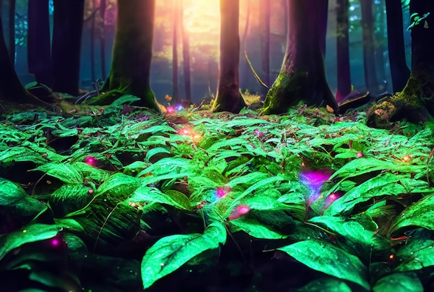 Fotografía Primer plano Bosque mágico con plantas brillantes y vibrantes