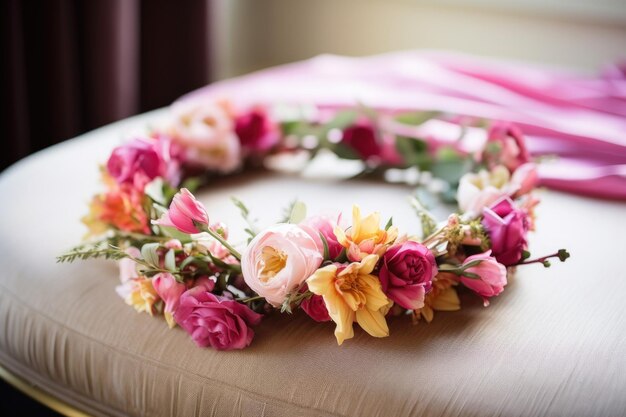 Fotografía en primer plano de la corona de flores de la novia en una mesa