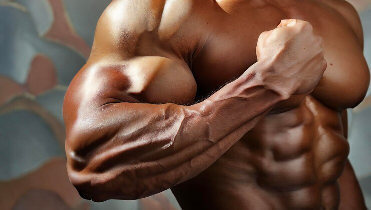 Fotografía en primer plano del cuerpo masculino musculoso y el atleta de culturismo