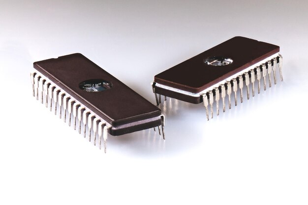 Fotografía en primer plano de dos chips de memoria EEPROM sobre un fondo blanco