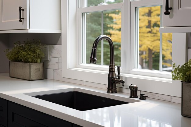 Una fotografía de primer plano de un fregadero de cocina ubicado en una cocina contemporánea recientemente remodelada The s