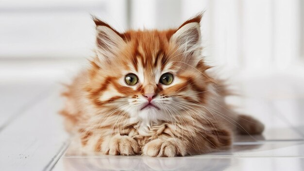 Fotografía en primer plano de un gatito de jengibre con ojos verdes sobre un fondo blanco