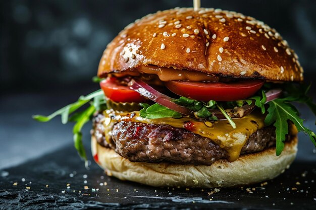 Fotografía en primer plano de una hamburguesa de aspecto sabroso aislada en una superficie negra