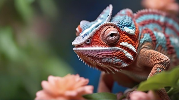 Fotografía en primer plano de un hermoso camaleón en la flor