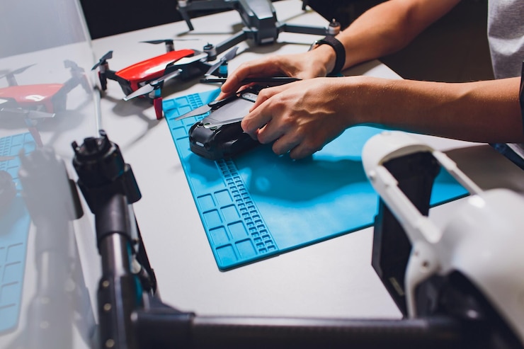 Foto fotografía en primer plano de un hombre trabajando en el ensamblaje de un nuevo sistema de vigilancia utilizando un dron quadcopter con cámara