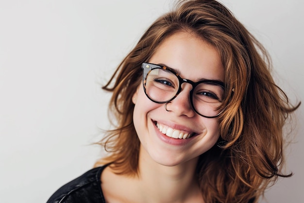 fotografía en primer plano de una joven atractiva con gafas en un fondo blanco aislado