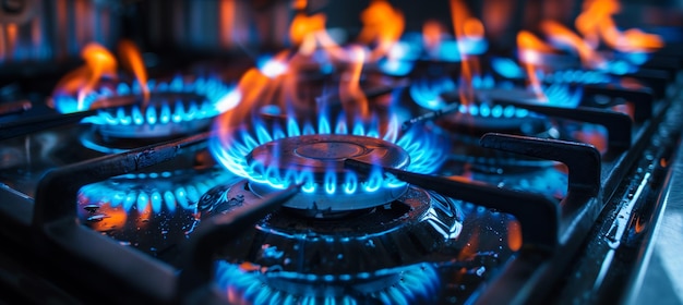 Foto fotografía en primer plano de las llamas intensas de gas propano azul en la parte superior de la estufa de la cocina con espacio de copia