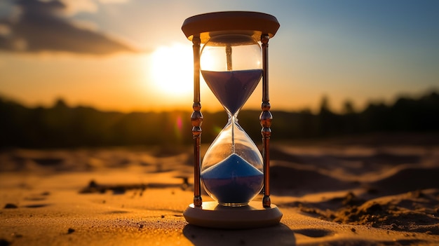 Una fotografía en primer plano de un lugar con forma de reloj de arena sobre la arena del océano en un fondo de puesta de sol