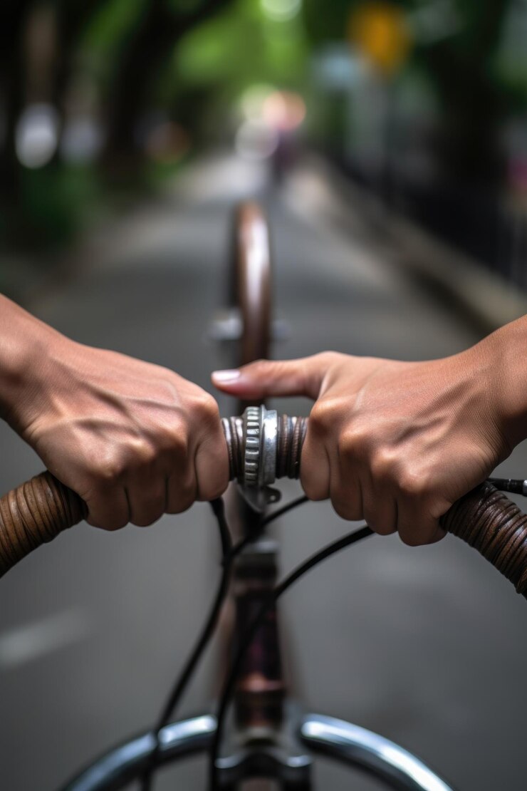 Fotografía en primer plano de manos sosteniendo el manillar de una bicicleta creada con IA generativa