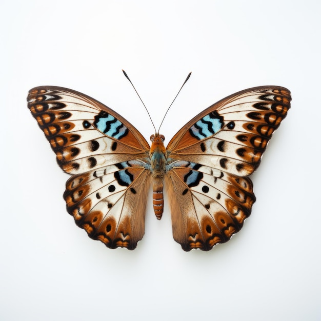 Fotografía en primer plano de una mariposa azul y marrón sobre un fondo blanco