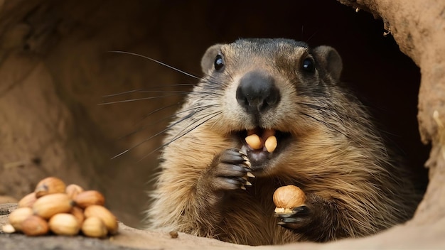 Foto fotografía en primer plano de una marmota comiendo una nuez