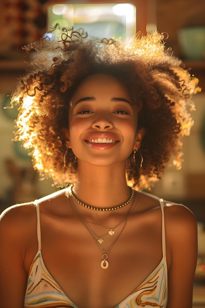 Fotografía en primer plano de una mujer negra alegre en un interior brillante de la casa Fotografía de retrato conceptual Diseño de interiores Mujer afroamericana Fotografía de primer plano Decoración de la casa