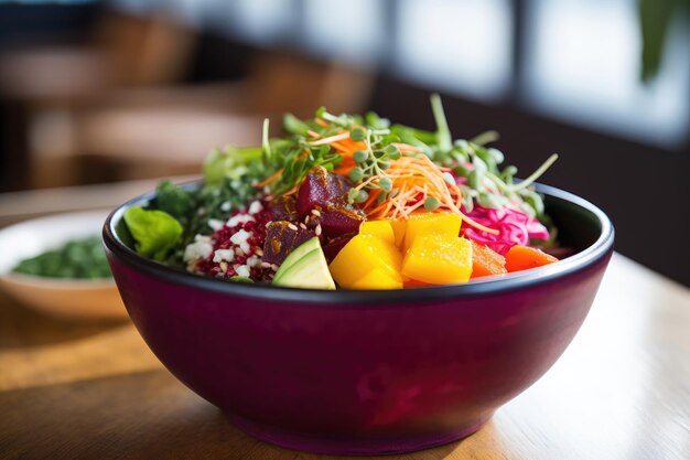 Fotografía en primer plano de un plato de ensalada colorida en un restaurante creado con IA generativa