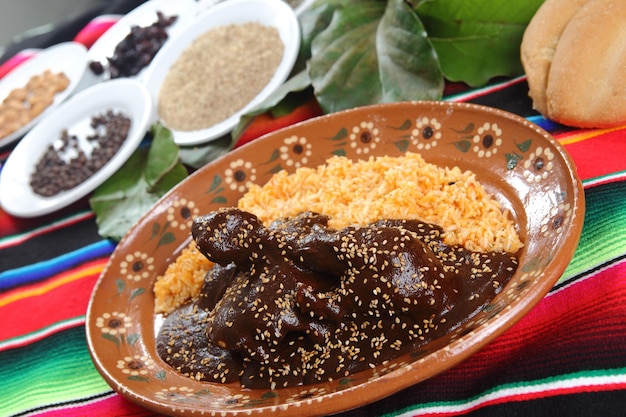 Fotografía en primer plano del plato de pollo mole mexicano en el fondo de los ingredientes