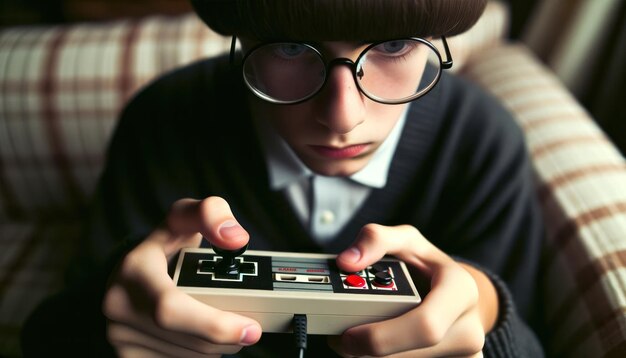 Fotografía en primer plano que captura a un adolescente caracterizado por gafas redondas y un corte de pelo de cuenco profundamente absorto en un juego pixelado