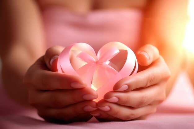 Foto una fotografía de primer plano que se centra en las manos de una mujer formando una forma de corazón con una cinta rosa sobre un fondo rosa suave ia generativa de cáncer de mama
