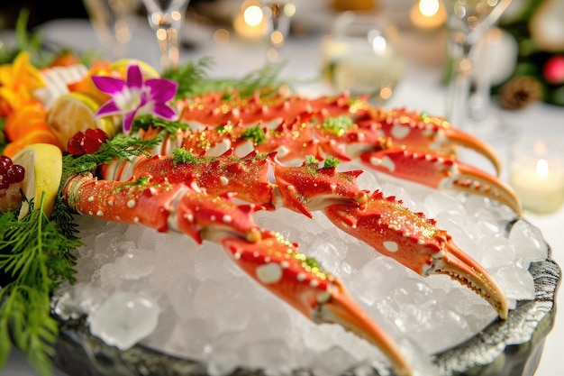 Una fotografía en primer plano que muestra una comida seductora en una mesa que invita a los espectadores a saborear la creación culinaria patas de cangrejo rey de hojas doradas en hielo con guarniciones tropicales generadas por IA