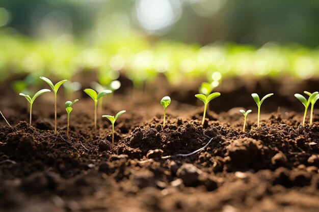 Fotografía en primer plano del suelo con pequeños brotes verdes en un día soleado