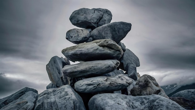 Fotografía en primer plano de varias rocas grises una encima de la otra bajo un cielo nublado