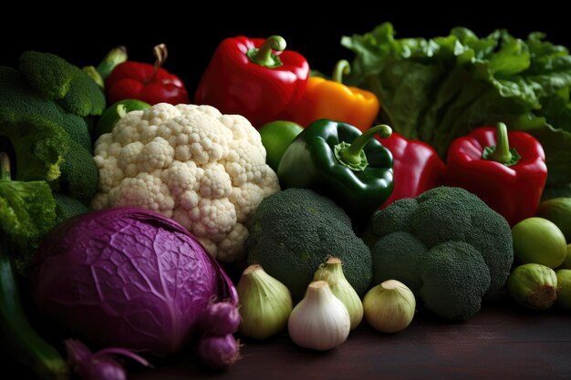Fotografía en primer plano de una variedad de verduras frescas creadas con AI generativa