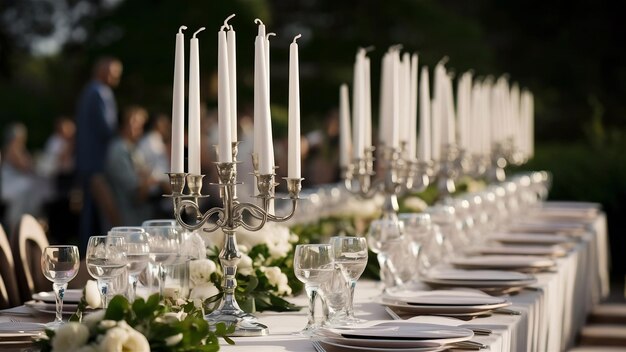 Fotografía en primer plano de velas blancas en candelabros en una mesa de bodas