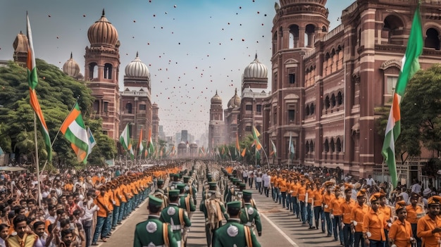 Fotografía de una procesión del día de la independencia en famosos monumentos indios ai generativo