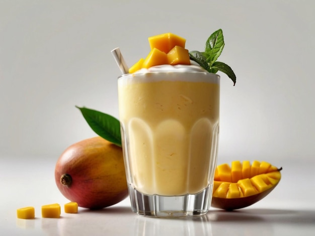 Fotografía de producto de batido de mango con fondo blanco