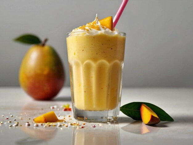 fotografía de producto de batido de mango en vaso con fondo blanco