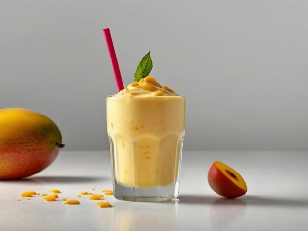 fotografía de producto de batido de mango en vaso con fondo blanco