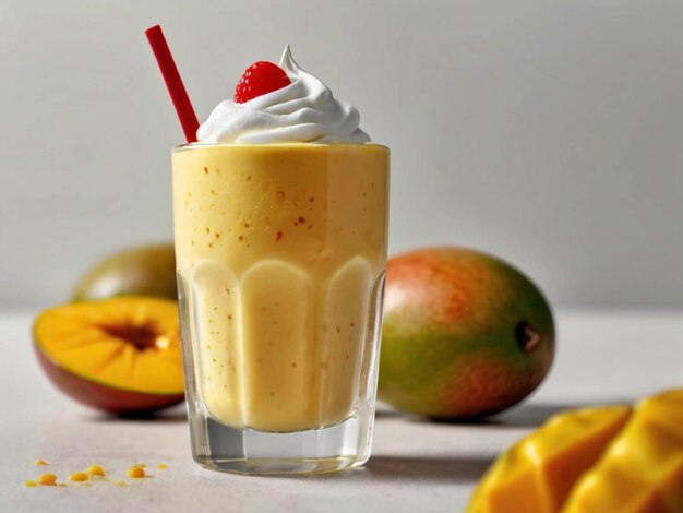 fotografía de producto de batido de mango en vaso con fondo blanco