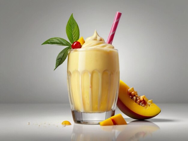 fotografía de producto de batido de mango en vaso con fondo blanco