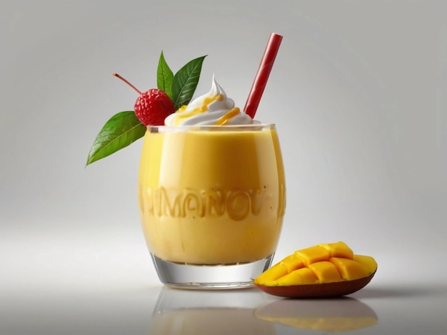 fotografía de producto de batido de mango en vaso con fondo blanco