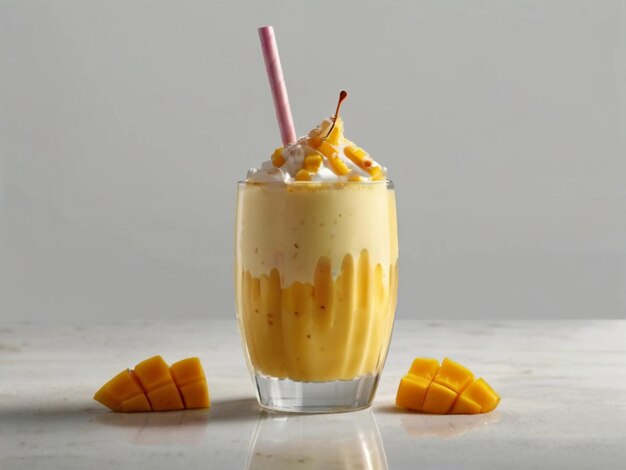 fotografía de producto de batido de mango en vaso con fondo blanco