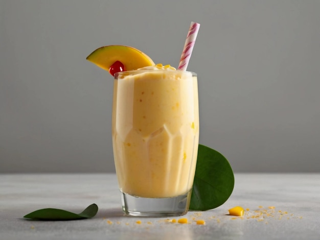 fotografía de producto de batido de mango en vaso con fondo blanco