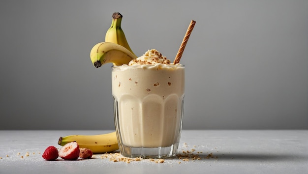 Fotografía de producto de batido de plátano con fondo blanco