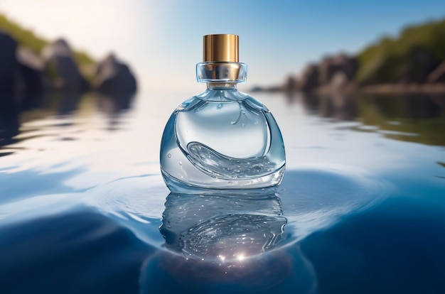 Fotografía de producto de una botella de perfume en la superficie del agua