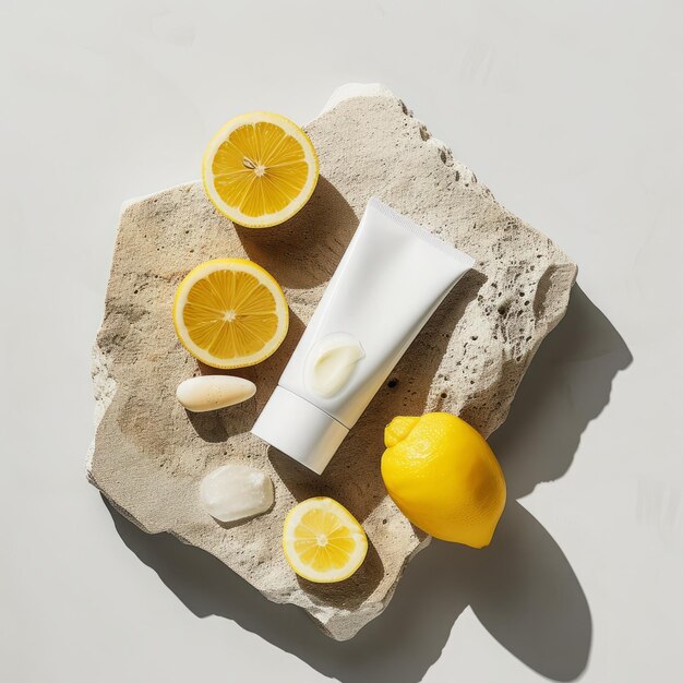 Fotografía de producto de una crema para el cuidado de la piel en el fondo minimalista de limón
