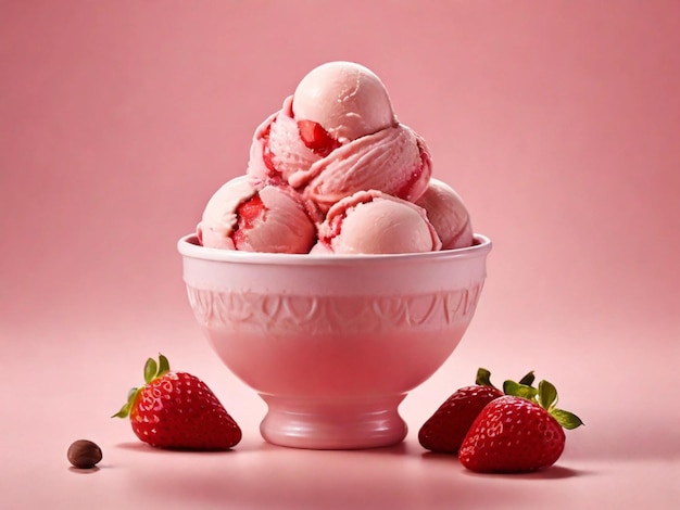 Fotografía de producto de helado de fresa en un cuenco con fondo rosa.